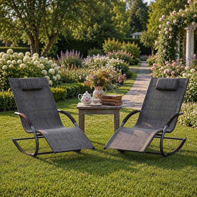Garvee Outdoor Lounge Chair, Rocking Chair, Lounge Chair Recliner with Detachable Pillow for Patio, Lawn, Pool, Outdoor Home Furniture, Gray