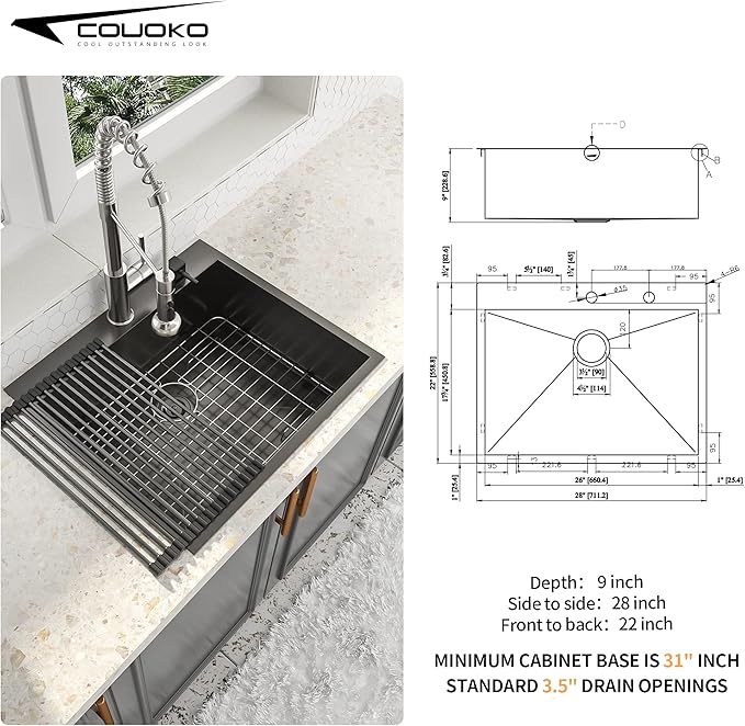 28x22 Drop In Kitchen Sink Black 16 Gauge Stainless Steel Single Bowl Drop Kitchen Sinks Nano PVD Gunmetal Black Handmade Large Deep Topmount Sinks, 28x22x9 Inch