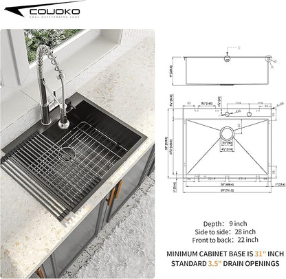 28x22 Drop In Kitchen Sink Black 16 Gauge Stainless Steel Single Bowl Drop Kitchen Sinks Nano PVD Gunmetal Black Handmade Large Deep Topmount Sinks, 28x22x9 Inch