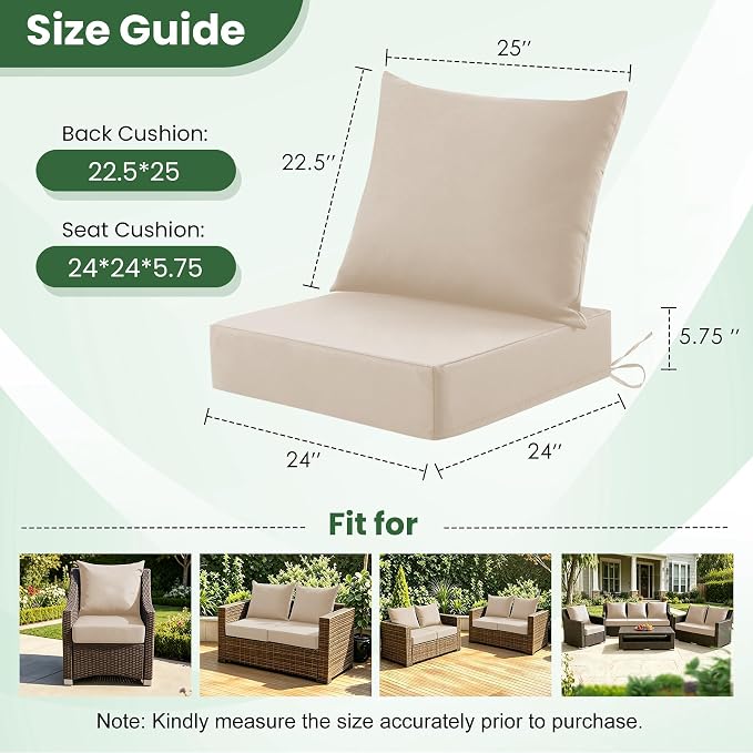 Patio Cushions for Outdoor Furniture, 24x24 Outdoor Couch Cushions, Waterproof & Fade-Resistant Patio Chair Cushions with Removable Cover, Replacement Outdoor Deep Seat Cushion, Beige (Set of 1)