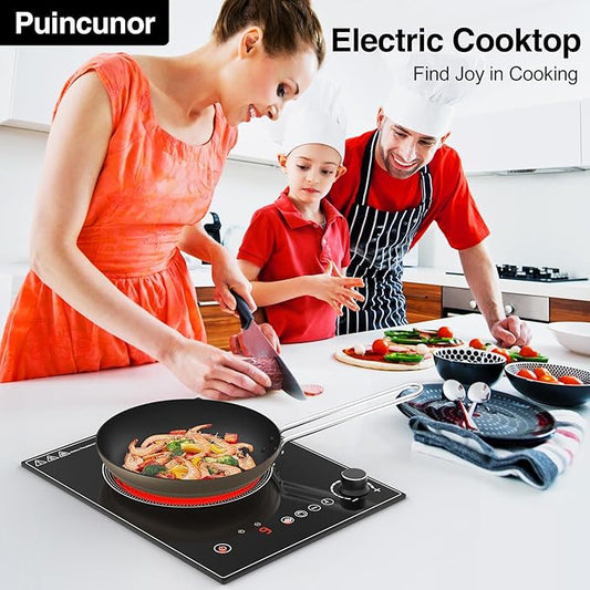 1800W Portable Electric Cooktop – Features touch & knob controls with 10 heat levels, child lock, and timer. 110V for home, camping, and apartments.