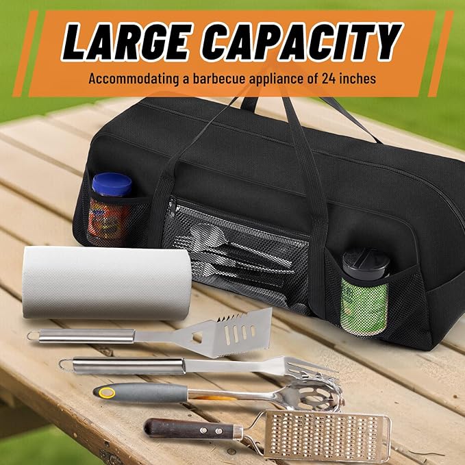 24" Grill Tool Storage Bag, Heavy Duty Waterproof BBQ Tools Bag, 24" x 8" x 8", Large Grill Utensil Storage Caddy with Pockets, BBQ Accessories for Outdoor Barbecue, Camping, Hiking(Black)