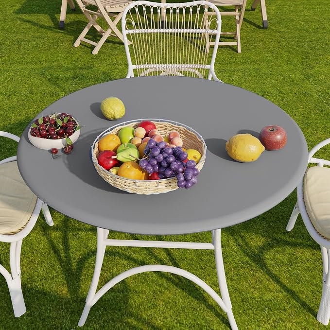 Romanstile Round Fitted Vinyl Tablecloth with Elastic Edge 100% Waterproof | Table Covers for 36"- 44" Tables, Wipeable Flannel Backed Plastic Table Cloths for Dinner, Picnic, Camping, Outdoor, Silver