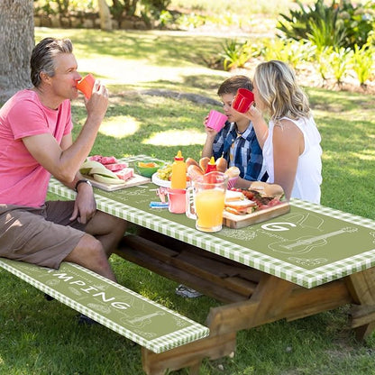 Picnic Table Cover with Bench Covers Elastic Edges, Green Camper Fitted Table Cover, Outdoor Patio Camping Essentials 72 Inch 3PCS, Waterproof Camping Fitted Tablecloth with Drawstring Bag