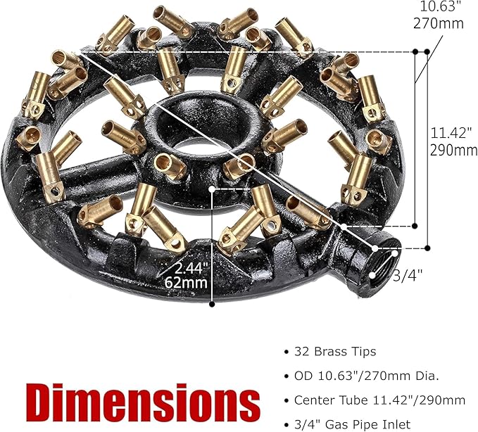 DuraSteel Propane Jet Burners For Chinese Wok Range - Cast Iron Body Round Nozzle 32 Brass Tips Large Propane Burner Head - Up to 100,000 BTU - Outdoor Wok Burner Indoor Restaurant Kitchen, Camping