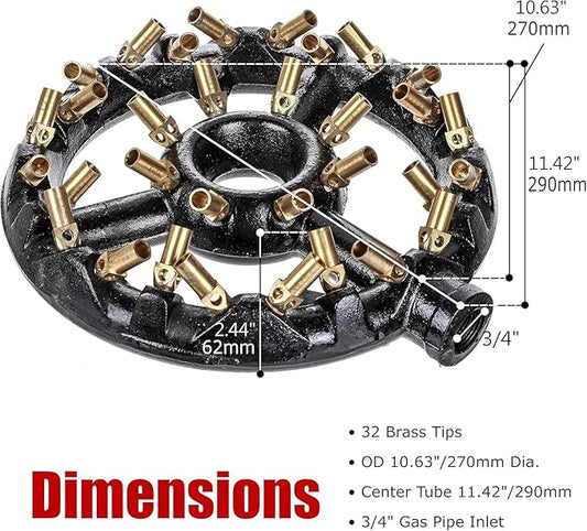 DuraSteel Propane Jet Burners For Chinese Wok Range - Cast Iron Body Round Nozzle 32 Brass Tips Large Propane Burner Head - Up to 100,000 BTU - Outdoor Wok Burner Indoor Restaurant Kitchen, Camping