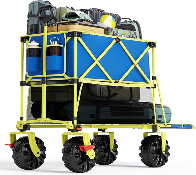 400L Collapsible Double Decker Beach Wagon with Brakes, Folding Beach Cart with 54" Extra Long Decker, 450LBS Heavy Duty Wagon Chart with All-Terrain Big Wheels for Sand Camping Garden