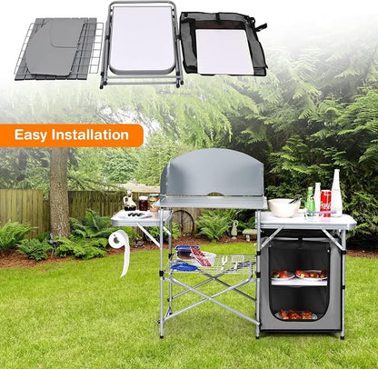 Giantex Folding Grill Table with 26'' Tabletop and Detachable Windscreen, Aluminum Portable Camp Cook Station Carry Bag Quick Set-up, BBQ Camping Picnic Backyard Outdoor Camping Kitchen Table (Grey)