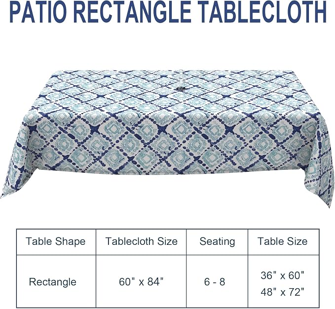 Outdoor Rectangle Tablecloth, 60×84 Inch Water Repellent Picnic Table Cover with Umbrella Hole Zipper for Patio Family Meal, Boho Geometry Blue