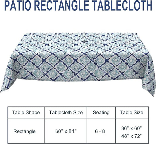 Outdoor Rectangle Tablecloth, 60×84 Inch Water Repellent Picnic Table Cover with Umbrella Hole Zipper for Patio Family Meal, Boho Geometry Blue