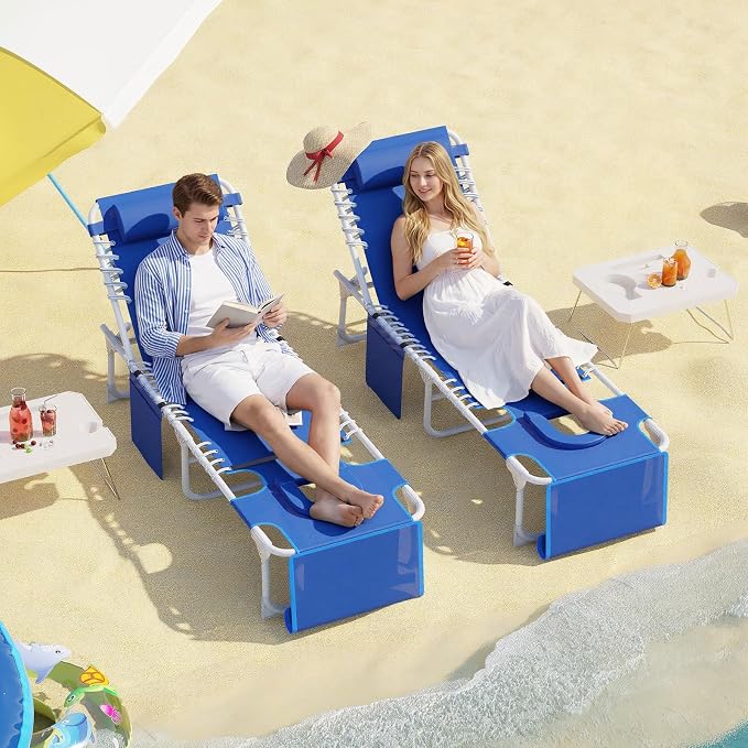 Garvee Tanning Chair with Face Hole, 3-in-1 Outside Beach Lounge Chair with Folding Table, 5 Reclining Positions and Removable Pillow, for Beach, Pool, Patio, Garden -Max 330lbs (Blue) | with Folding Table, 5 Reclining Positions and Removable Pillow, f...