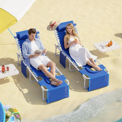 Garvee Tanning Chair with Face Hole, 3-in-1 Outside Beach Lounge Chair with Folding Table, 5 Reclining Positions and Removable Pillow, for Beach, Pool, Patio, Garden -Max 330lbs (Blue) | with Folding Table, 5 Reclining Positions and Removable Pillow, f...