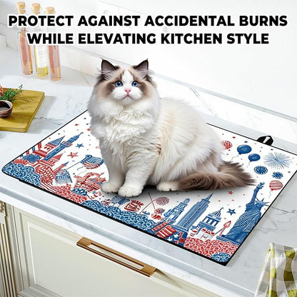 Patriotic Stove Top Cover, Heat Resistant Electric Stove Protector Mat, Large Diatomite Kitchen Counter Mat, Independence Day Decor American Flag Kitchen Accessory (happy july-2, 28x20 Inch)