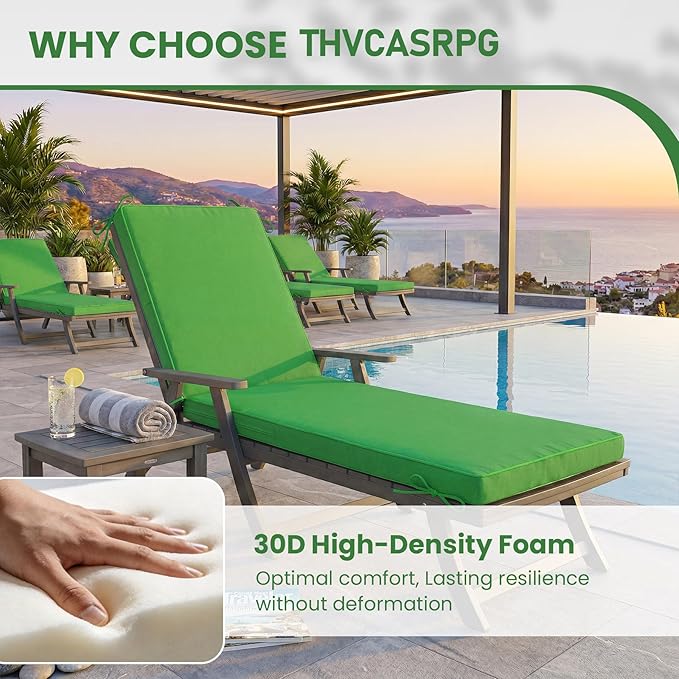 Chaise Lounge Cushions Outdoor, 80 x 26 Inch Water & Fade-Resistant Patio Furniture Lounge Cushion, Beach Umbrella Lounger Chair Replacement Cushion with Removable Cover Pad, Green