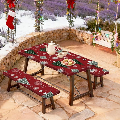 Christmas Picnic Table Cover with Bench Covers Set, Elastic Fitted Tablecloth for Outdoor Wooden Tables, Red Holiday Pattern with Christmas Trees and Snowflakes, Durable and Easy to Clean