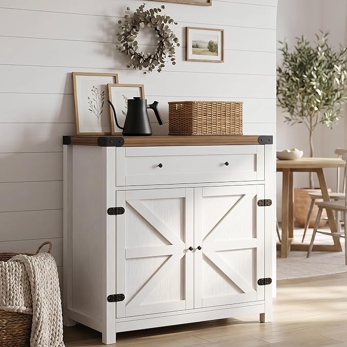 YESHOMY Kitchen Storage Cabinet, Coffee Bar Cabinet, Farmhouse Sideboard Buffet with Storage, Barn Door Accent Cabinet with a Drawer and Adjustable Shelf for Dining Room, Entryway, White&Brown, 1PCS