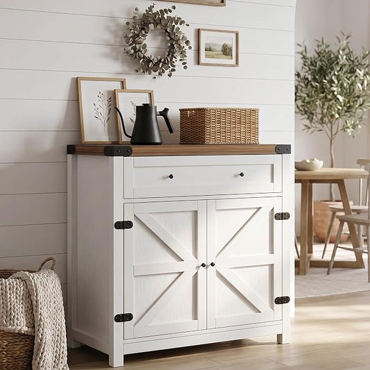 YESHOMY Kitchen Storage Cabinet, Coffee Bar Cabinet, Farmhouse Sideboard Buffet with Storage, Barn Door Accent Cabinet with a Drawer and Adjustable Shelf for Dining Room, Entryway, White&Brown, 1PCS