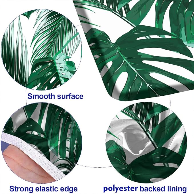 Summer Rectangle Fitted Picnic Table Cover w/ Bench Covers, Tropical Palm Tree Leaves Picnic Table Covers w/ Elastic, 72x28 Inch, 3 pcs Set, Green, for Picnics Indoor and Outdoor Dining Use