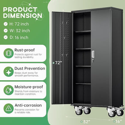 Rolling Metal Cabinet with Wheels, 72" Locking Storage Cabinet with Adjustable Shelves, Large Capacity Pulley Cabinets for Home Office, School, Warehouse(Black)