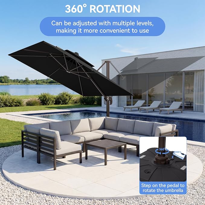 10x10FT Cantilever Outdoor Patio Umbrellas，Double Top Large Square Umbrella Heavy Duty 360°Rotation Offset Outdoor Sun Shade Umbrella for Garden Deck Pool Backyard Patio, Black