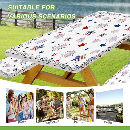 JAWO 4th of July Patriotic Star American Flag Picnic Table Cover with Bench Covers, Camper RV Essentials Gear Supplies Outdoor Waterproof Windproof Tablecloth with Elastic, 30X60in