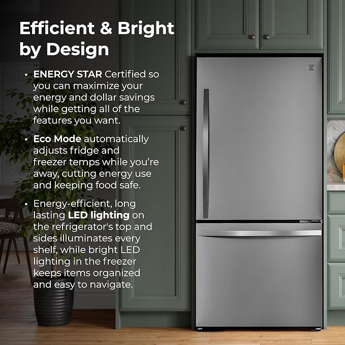 Kenmore 22.3 cu. ft. 31" Bottom Freezer Refrigerator - FPR Stainless Steel | Ice Maker, Adjustable Glass Shelving, Crispers Drawers, LED Lighting, Fingerprint Resistant SS, ENERGY STAR Certified