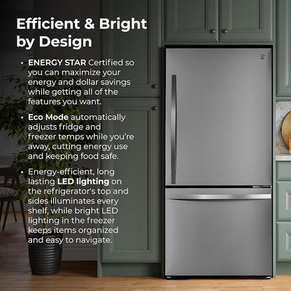 Kenmore 22.3 cu. ft. 31" Bottom Freezer Refrigerator - FPR Stainless Steel | Ice Maker, Adjustable Glass Shelving, Crispers Drawers, LED Lighting, Fingerprint Resistant SS, ENERGY STAR Certified