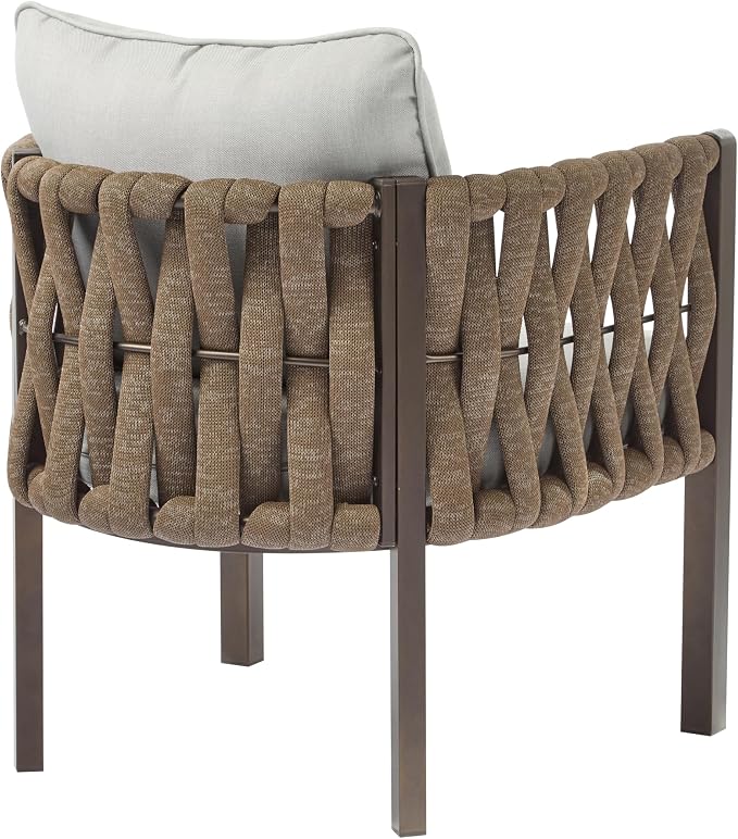 Christopher Knight Home Lena Patio Club Chairs Set of 2, Metal Accent Chairs, Rope Woven Backrest Armchair, Upholstered Cushions Seating, Tub Back Design for Backyard Garden, Brown+Light Gray