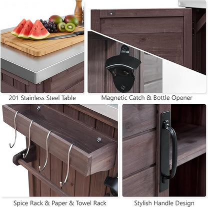 78.3" Outdoor Kitchen Island with Foldable Grill Table, Wooden Outdoor Grill Cart with Trash Can Storage & Stainless Steel Top, Outdoor Bar Cart, Pizza Oven Table for Lawn & Garden (Dark Brown@76)
