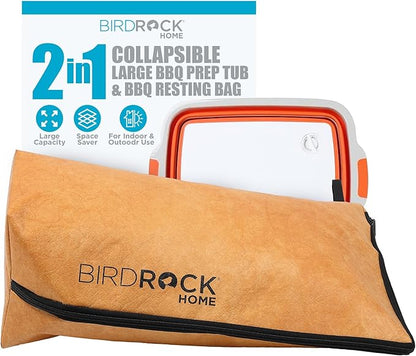 BIRDROCK HOME Collapsible Large BBQ Prep Tub & BBQ Resting Bag - Multi-Function Grill Caddy w/Colander & Lid, Portable Silicone Dish Bowl for Picnic, Tailgate, Camping - Orange & Brown