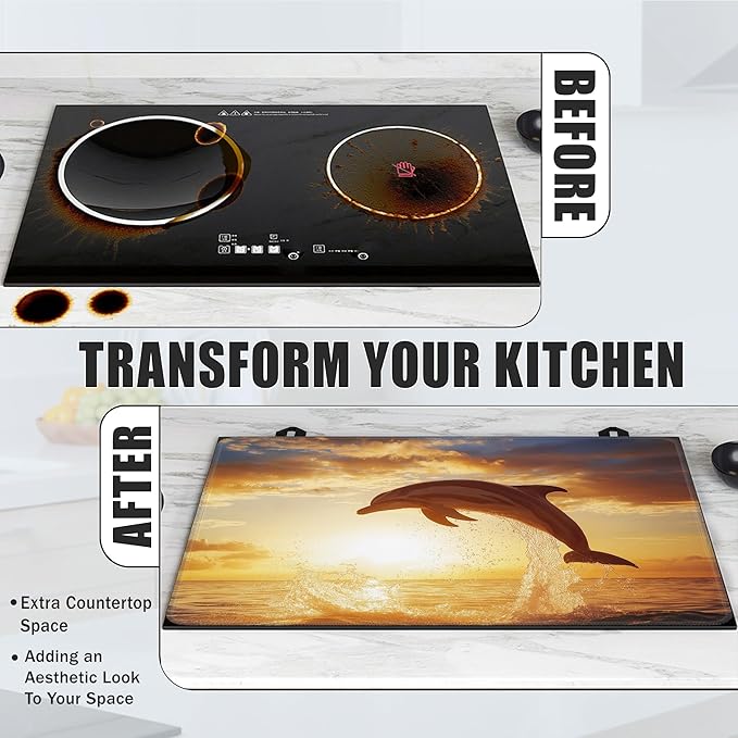 Jumping Dolphin Stove Top Covers for Electric Stove,Sea Sunset Glass Top Stove Cover, Heat Resistant Range Covers for Electric Stove,Washable Countertop Mat, 28 x 20 Inch