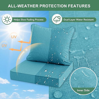 Summsun Faux Linen Outdoor Chair Cushions, Water Resistant Backrest and Seat Cushion Set with Removable Cover, Straps, Non-Slip Bottom for Patio Furniture, 19 x 19 Inch, Teal