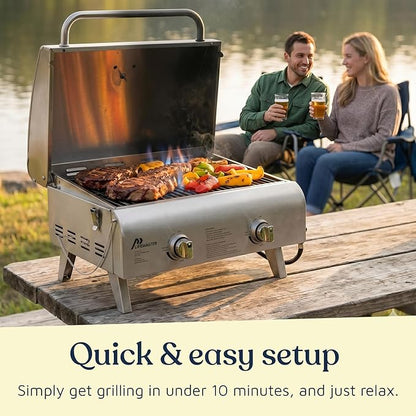 Stainless Steel Gas Grill, Dual 10,000 BTU Burners, 275 Sq.In Cooking Space, Push-to-Start Ignition, Wind-Proof Lid with Built-in Thermometer, Perfect for Camping Tailgates & Backyard BBQ Cookouts