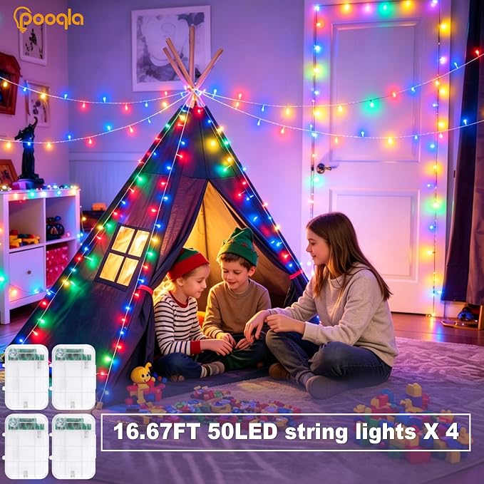 Pooqla 4 Pack Color Changing String Lights Battery Operated, Total 66.6ft 200 LED 34 Colors Battery Christmas Lights with Remote Indoor Outdoor Decorations Bedroom Classroom Porch Party Yard Decor