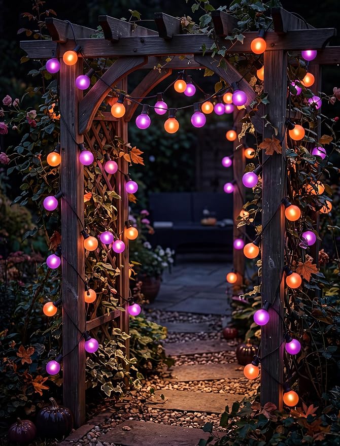 50FT G40 Halloween Orange and Purple Globe String Lights Outdoor Waterproof | Hanging Patio Light with 27 LED G40 Globe Bulbs, Plug in Outdoor Halloween Decorations Lights for Party Porch Garden Backyard