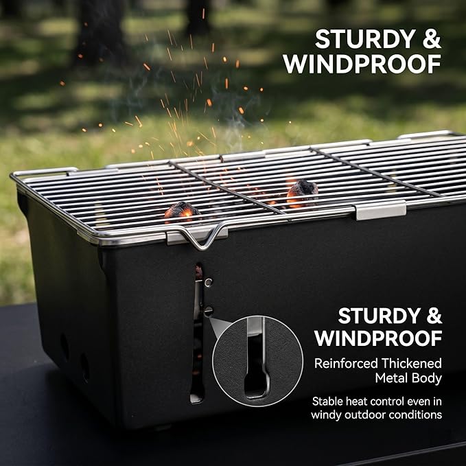 BBQ Charcoal Grill Portable Outdoor Fire Pit Grill Skewer Rack Folding Camping Grill Ideal (Dimensions: 17.7x6.7x5.5 inches) The sheet is 2mm thick and weighs 9.48 pounds