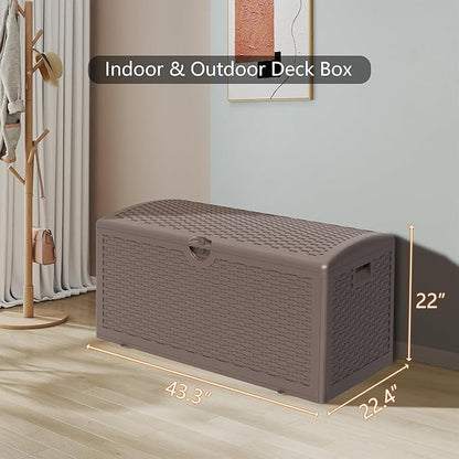 90 Gallon Outdoor Storage Box Waterproof, Lockable Resin Deck Box Large Storage Bin for Patio Furniture Cushion, Garden Tools, Pool Accessories, UV-Resistant Outside Delivery, Brown