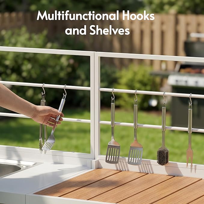 ENSTVER Modular Outdoor Kitchen with All-Aluminum Island & Cabinets, Stainless Steel Sink, Food-Safe Countertop, Outdoor Kitchen Island for Patio, Deck, Backyard,White