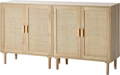VEVOR Rattan Buffet Cabinet with Storage, 4 Magnetic Doors and Adjustable Shelves, Sideboard for Hallway, Living Room, Kitchen, Natural