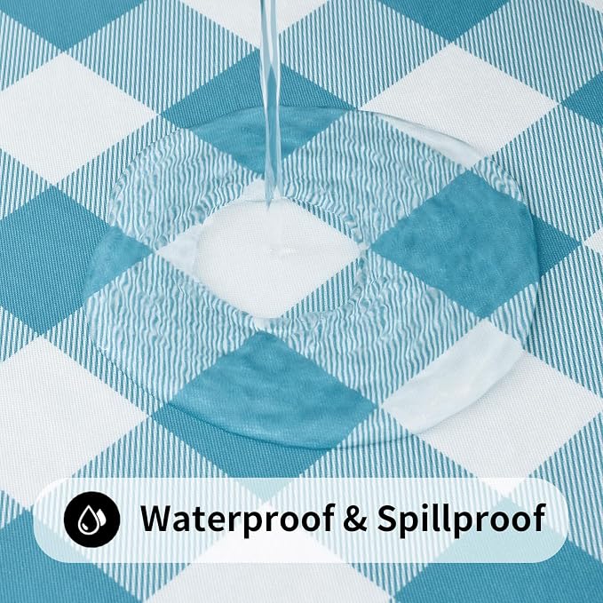 Smiry Rectangle Picnic Table Cloth, Elastic Waterproof Fitted Vinyl Tablecloths, Flannel Backed Buffalo Plaid Table Covers for Dining, Camping, Outdoor (White and Aqua, 30" x 72")