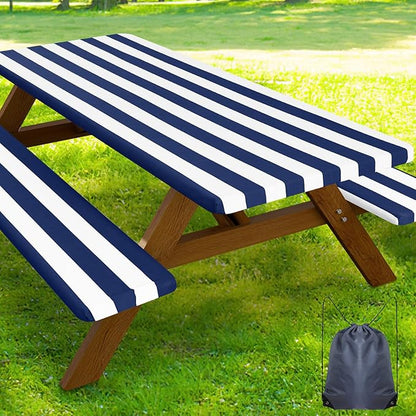 Smiry Picnic Table Cover with Bench Covers, Waterproof Elastic Fitted Tablecloth for 6 Foot Tables, Washable Polyester Tablecloths for Camping, Indoor & Outdoor (Navy Stripe, 30x72 Inch 3-pc Set)
