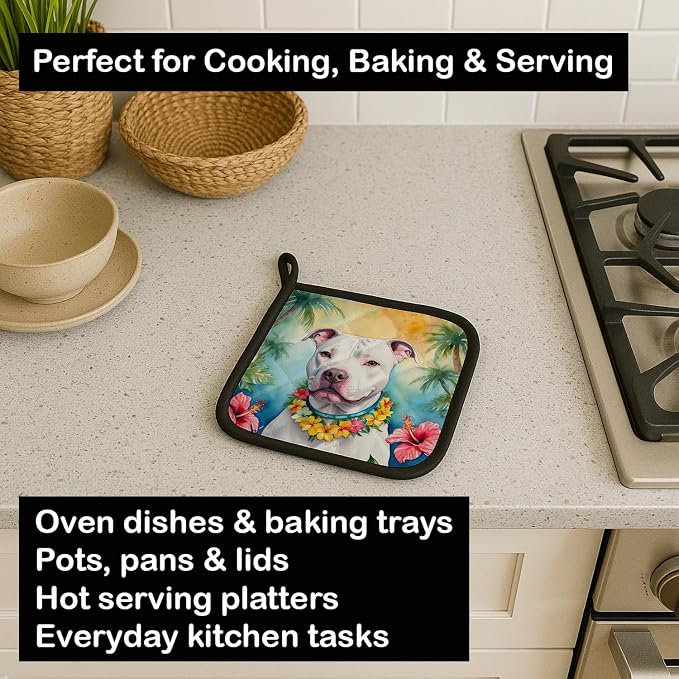 Caroline's Treasures Pit Bull Terrier Luau Pair of Pot Holders Kitchen Heat Resistant Pot Holders Sets Oven Hot Pads for Cooking Baking BBQ, 7 1/2 x 7 1/2