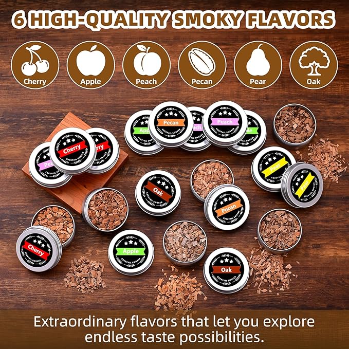 18Pcs Wood Chips for Smoker, Natural Cocktail Smoker Chips Kit-Apple, Pecan, Cherry, Oak, Pear, Peach for Whiskey Lover, Bourbon, Men, Dad, Husband, Home Bar, Drinks, Smoker Accessory