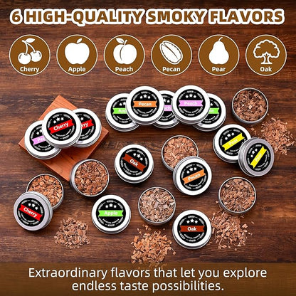 18Pcs Wood Chips for Smoker, Natural Cocktail Smoker Chips Kit-Apple, Pecan, Cherry, Oak, Pear, Peach for Whiskey Lover, Bourbon, Men, Dad, Husband, Home Bar, Drinks, Smoker Accessory