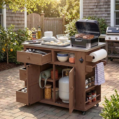 Outdoor Kitchen Island with Stainless Steel Top, Extendable Solid Wood Grill Cart on Wheels, Mobile BBQ Prep Table with Storage Cabinet and Spice Rack for Patio Backyard,