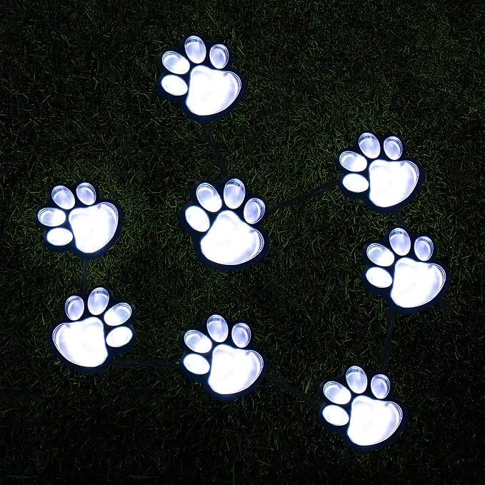 16.8ft Paw Print Solar Lights - Dog Cats Animal Solar String Lights (Set of 8) Outdoor Waterproof, Cat Puppy Animal Décor Walkway Lighting, Gifts for Pet Lovers (Cold White)