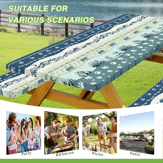 Picnic Table Cover with Bench Covers and Bag, Camping Essentials, Bohemian Waterproof Windproof Camping Tablecloth, Fitted Tablecloth Cover with Elastic Edge, for Garden & Outdoor, 3 PCS, 30x60 Inch