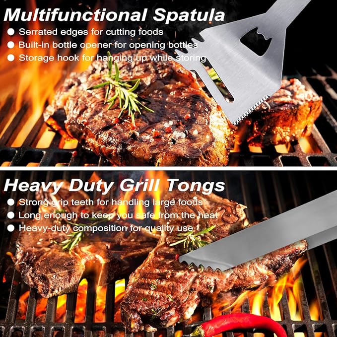 POLIGO 29 PCS BBQ Grill Accessories Stainless Steel BBQ Tools Grilling Tools Set with Storage Bag for Fathers Day Dads Birthday Presents - Camping Grill Utensils Set Ideal Grilling Gift for Men Silver