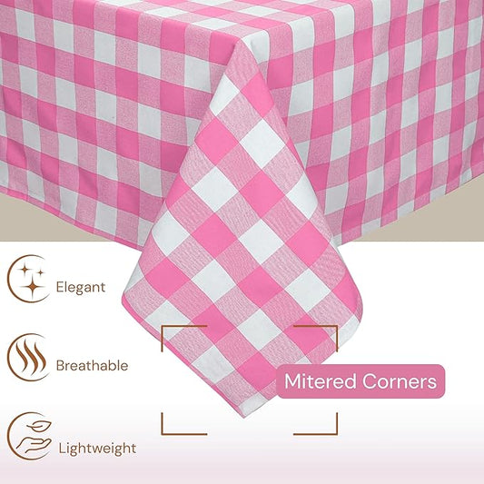 Rose Pink and White Buffalo Check Tablecloth, 60x84 Inches, Plaid Table Cover, 100% Cotton, Washable and Reusable, Perfect for Baby Showers, Birthdays, Weddings and Holiday Gatherings