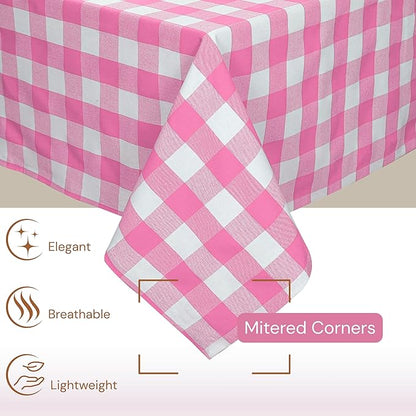 Rose Pink and White Buffalo Check Tablecloth, 52x70 Inches, Plaid Table Cover, 100% Cotton, Washable and Reusable, Perfect for Baby Showers, Birthdays, Weddings and Holiday Gatherings
